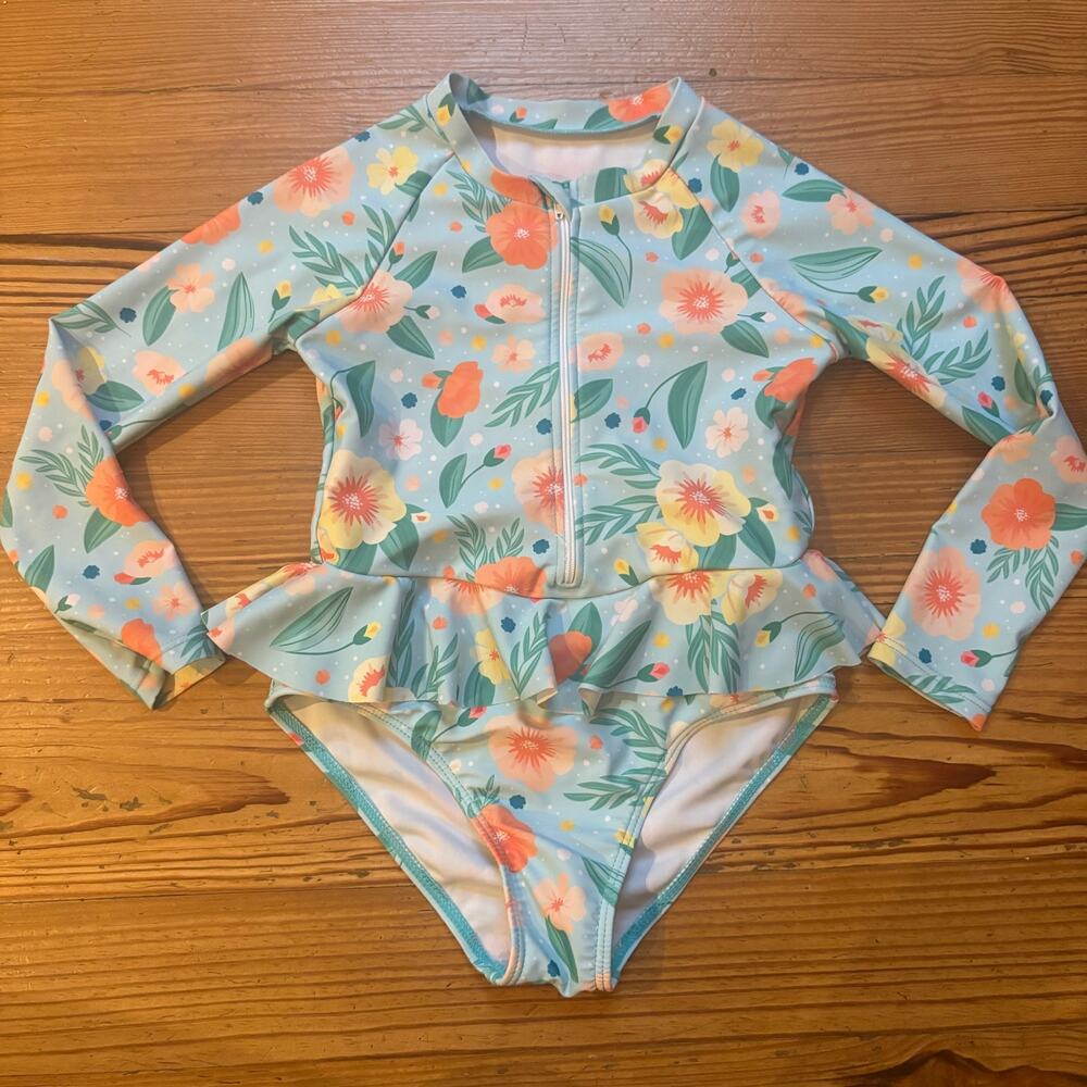 Shein light blue floral raffle rash guard long sleeve swimsuit SIZE‎ 6